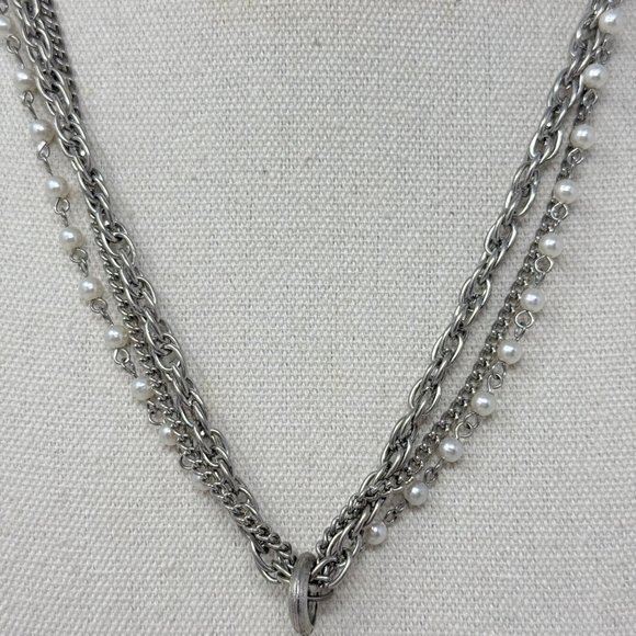 Vintage‎ Tassel Necklace Faux Pearl Silver-Tone Multi-Strand Chains Classic - Picture 4 of 8
